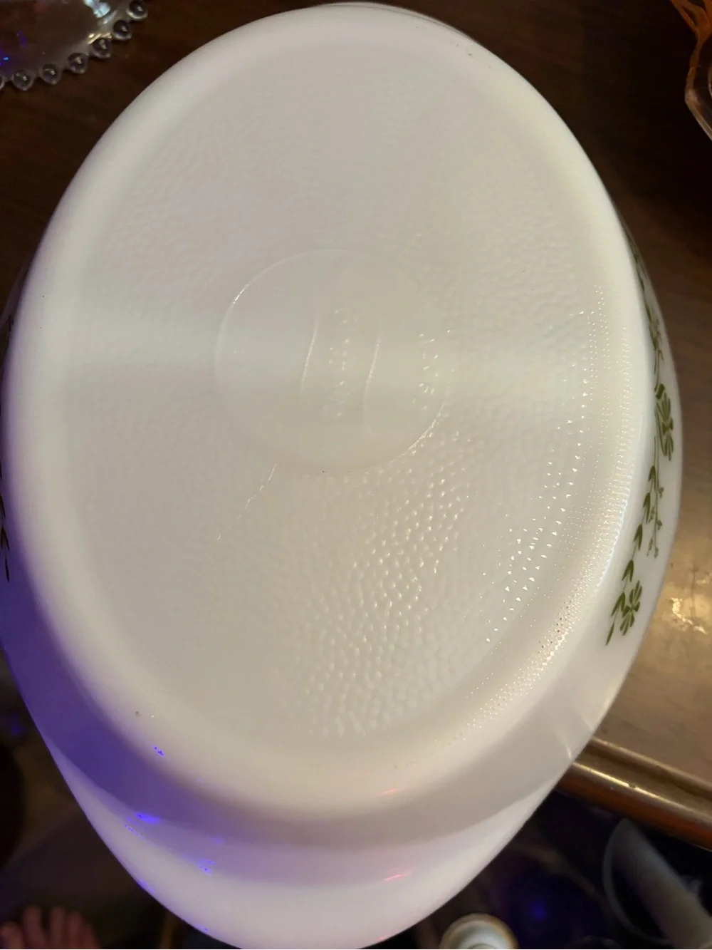 Mid Century Glasbake J-2352 Green Flower Divided Baking Dish Milk Glass